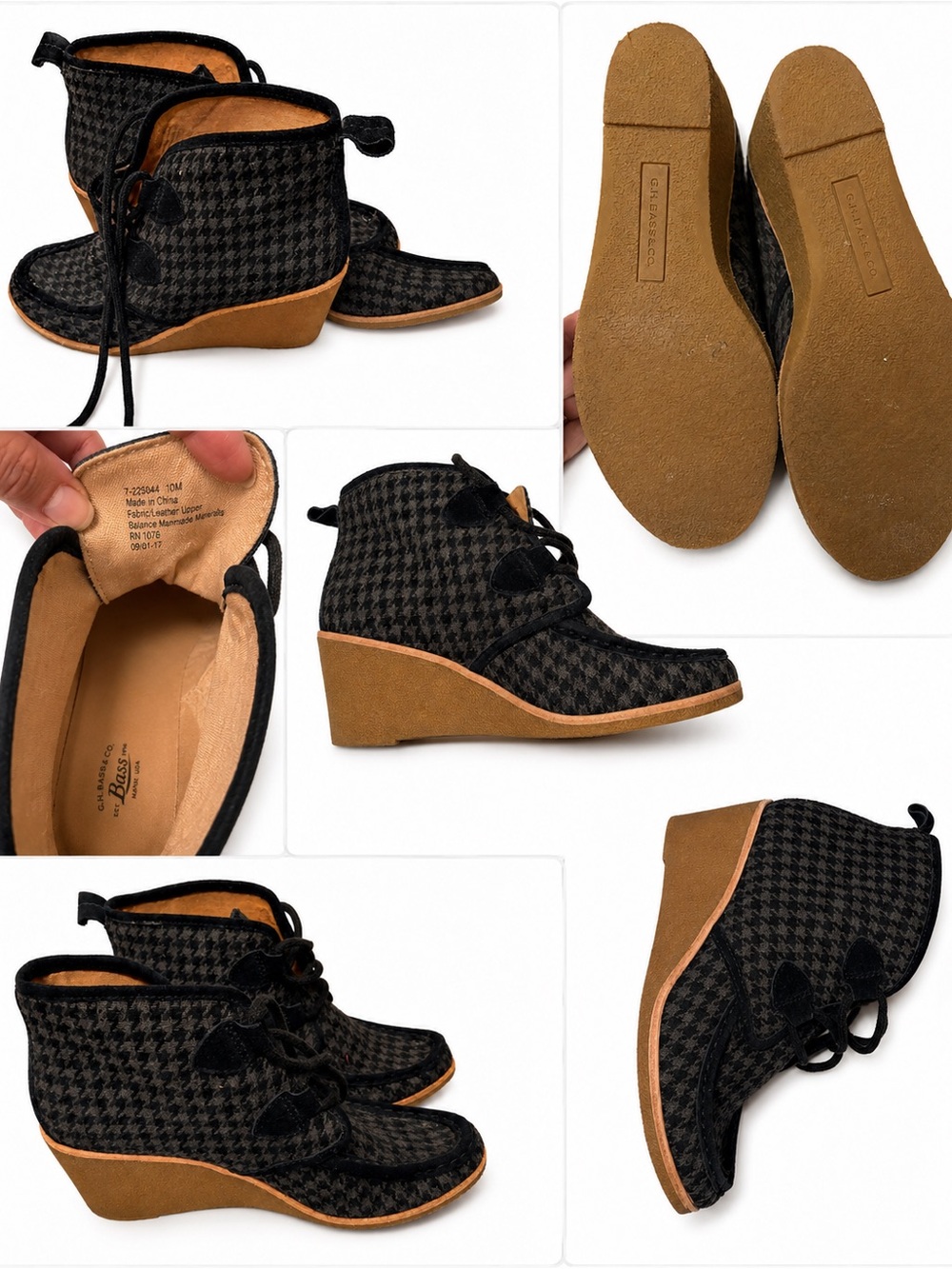 Bass Black Houndstooth Wedge Booties